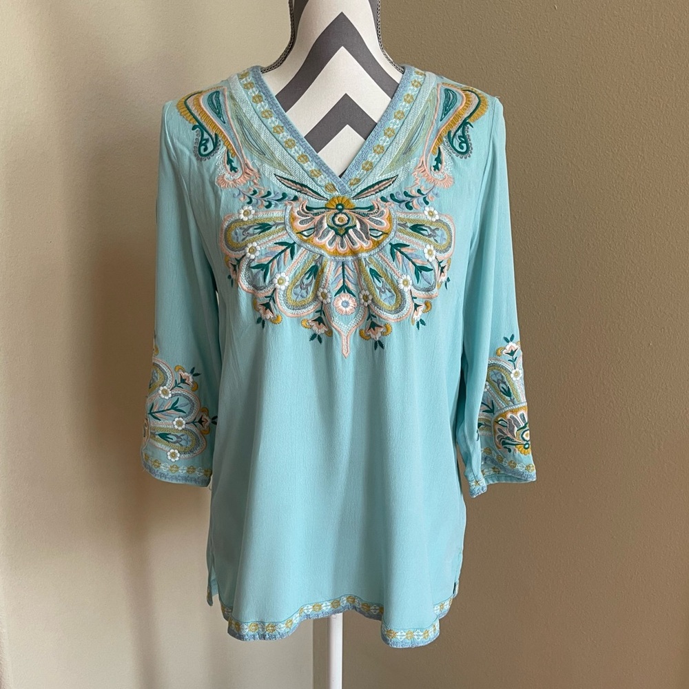 Soft Surrounding - Blue Embroidered Blouse - Size: XS